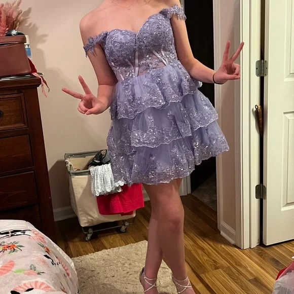 Lavender Off-Shoulder Lace Dress - Picture 2 of 6